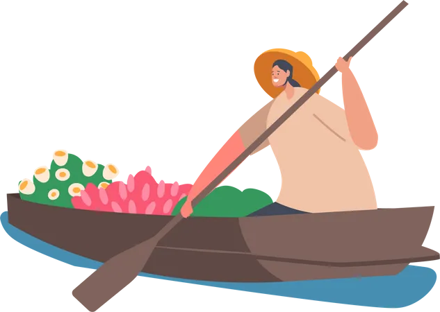 Asian Woman Seller Wear Straw Hat Sell Fruits and Flowers on Wooden Boat  イラスト