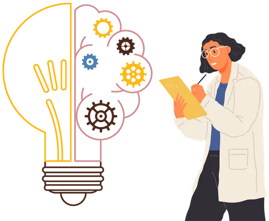 L'assistant de laboratoire travaille avec un plan créatif d'entreprise, crée une idée de nouveau projet, planifie le démarrage  Illustration