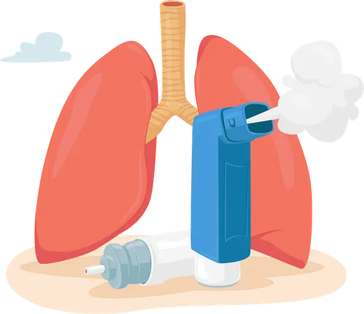 Asthma Disease Concept. Human Lungs and Inhaler for Breathing. Chronic Sickness, Respiratory System Disease, Remedy  일러스트레이션