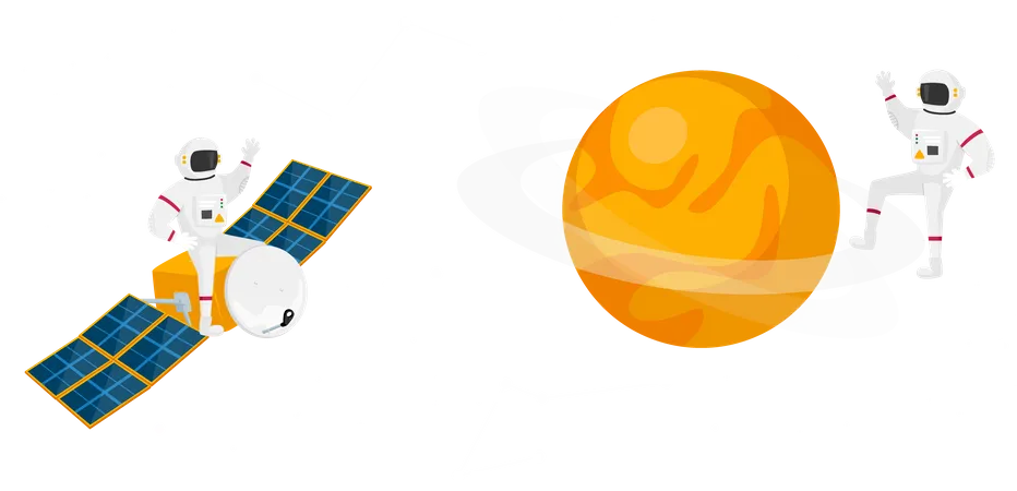 Astronauta en trajes espaciales volando en el espacio ultraterrestre con satélite  Ilustración