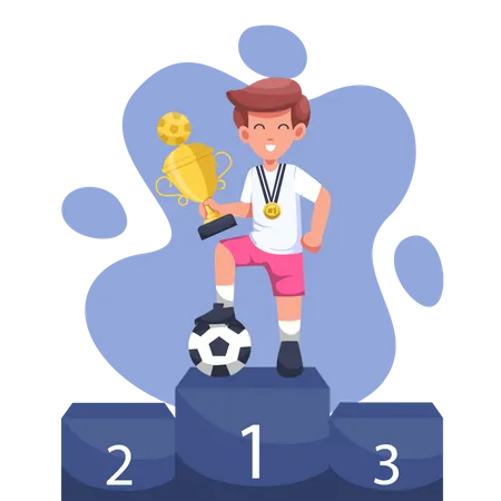 Athlete male soccer league with trophies on first position podium  Illustration