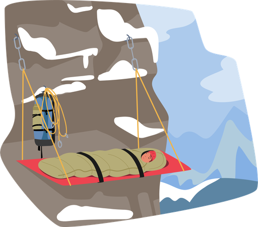 Atrevido personaje escalador de montaña duerme en una cama colgante  Ilustración