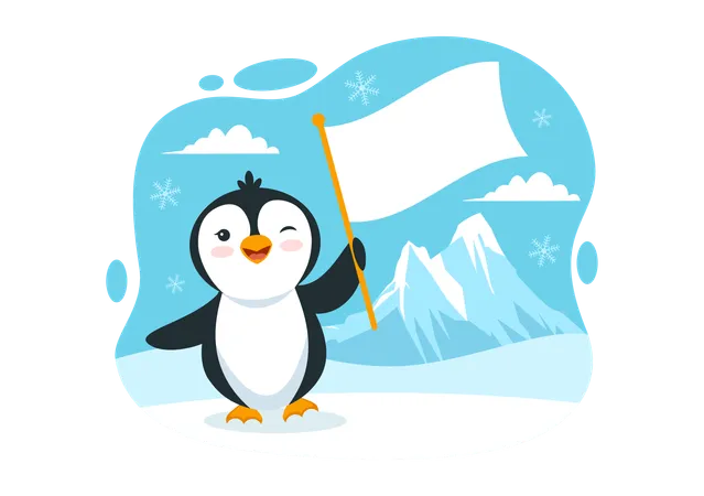 Baby penguin holding white flag and winking  イラスト