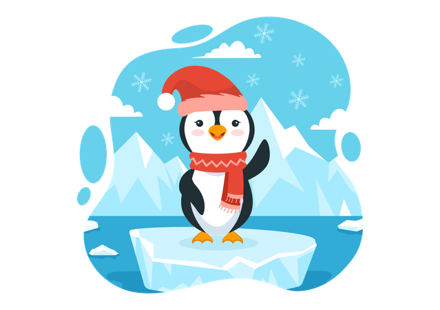 Baby penguin wearing cap and scarf and waving  イラスト