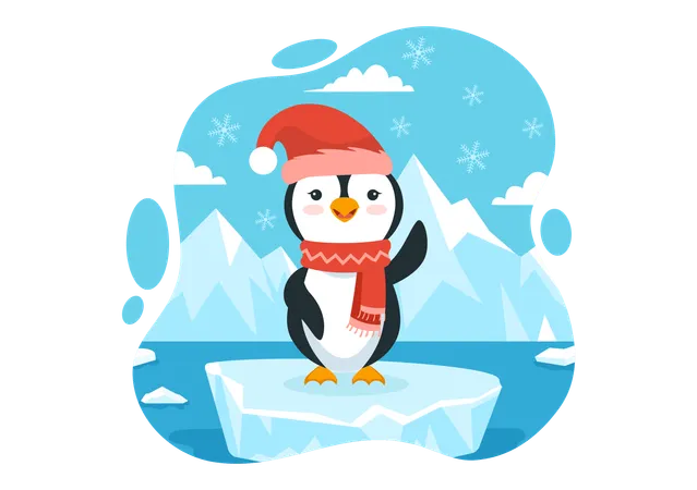 Baby penguin wearing cap and scarf and waving  イラスト