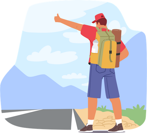 Backpack-wearing Hitchhiker Waiting On Roadside With Thumb Up  イラスト