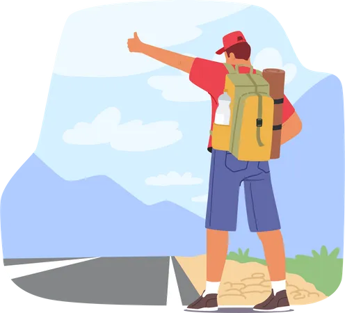 Backpack-wearing Hitchhiker Waiting On Roadside With Thumb Up  イラスト