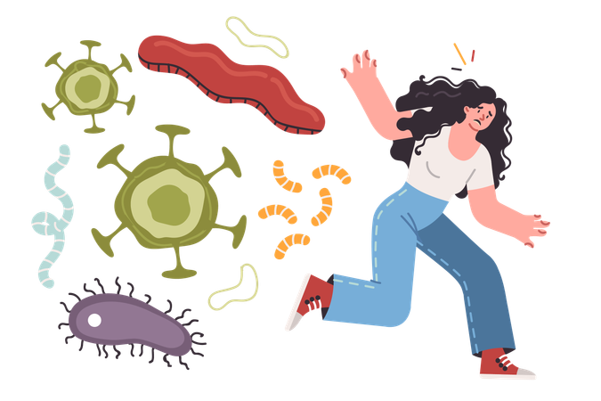 Bacteria and viruses chase running woman who wants to protect herself from flu outbreak  Illustration