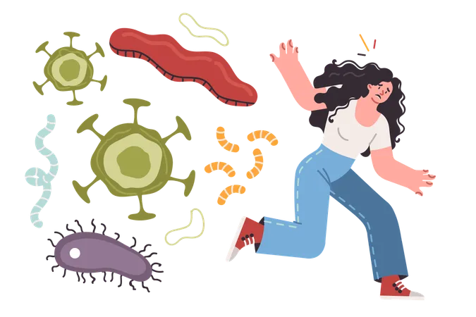 Bacteria and viruses chase running woman who wants to protect herself from flu outbreak  Illustration