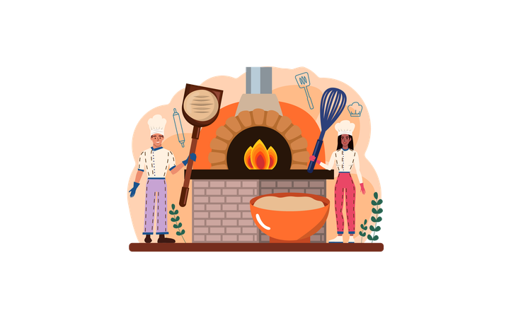 Bakers making oven pizza  Illustration