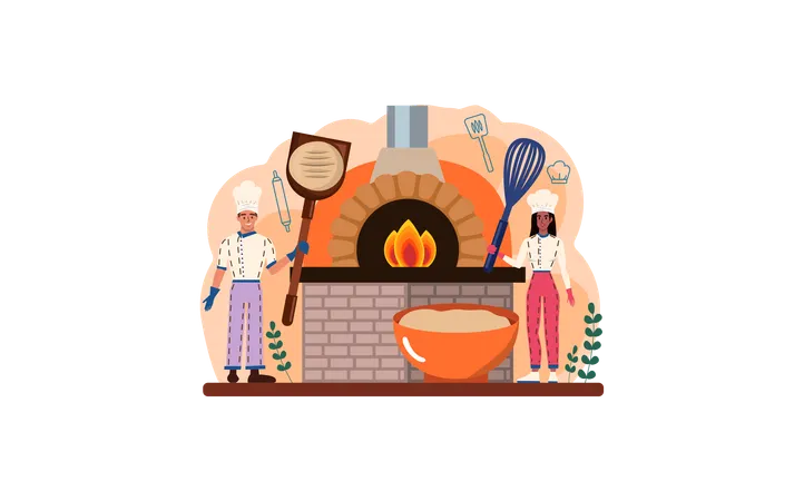 Bakers making oven pizza  Illustration