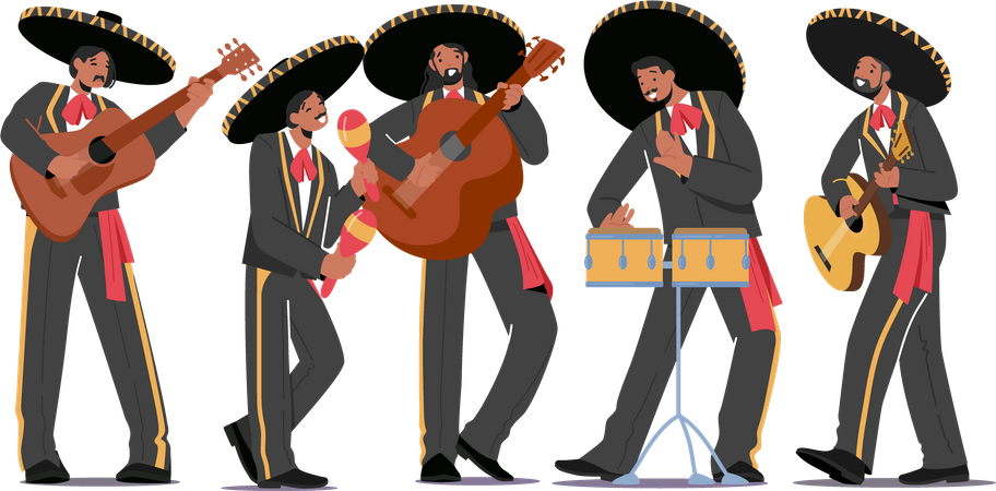 Banda de músicos mexicanos se apresentando no palco  Ilustração