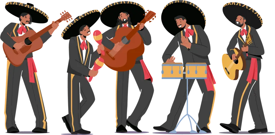 Banda de músicos mexicanos se apresentando no palco  Ilustração