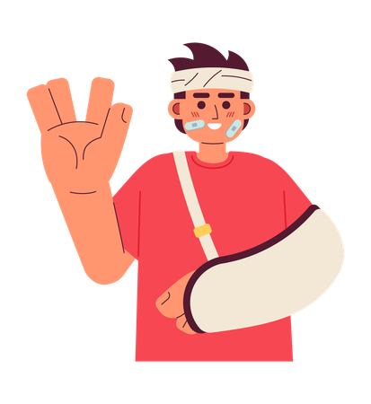 Bandage wrapped man cheerful with arm sling  Illustration