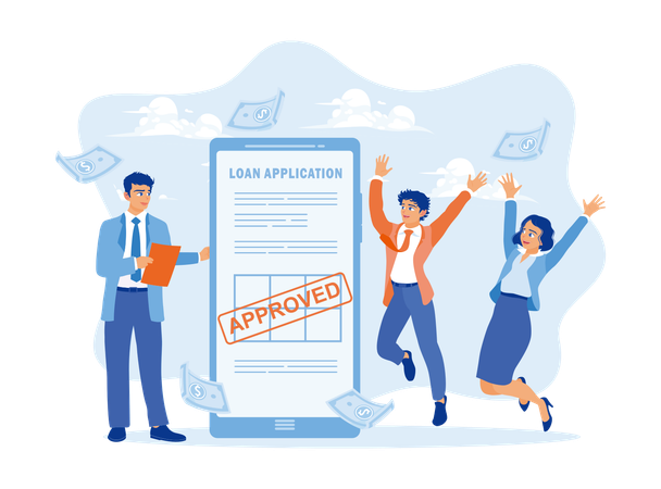 Bank officer holding loan agreement document while People jump after loan application approved  Illustration