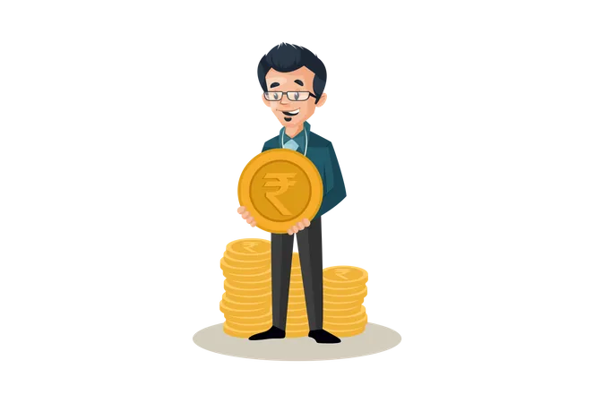 Banker with coins and holding one coin in hand  イラスト