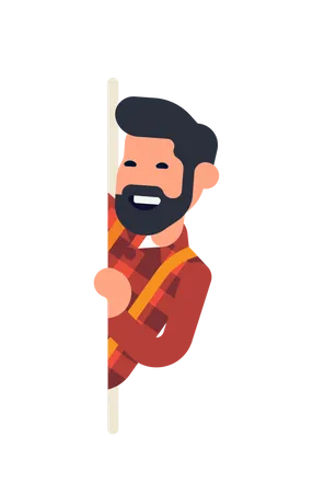 Bearded man popping out from behind of banner with copy space  Illustration