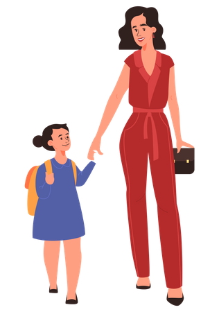 Beautiful mother walking her daughter to school  Illustration