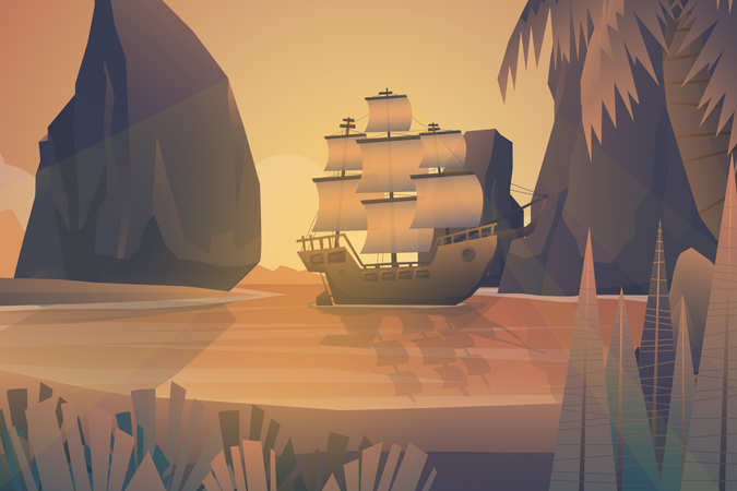 Beautiful scene anchored Galleon floating in the sea of island  イラスト