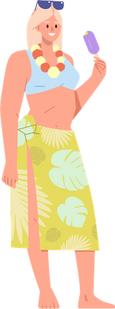 Beautiful woman wearing Hawaiian trendy fashion outfit and accessory eating ice-cream  イラスト