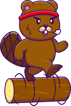 Beaver Jogging On Rolling Log  Illustration