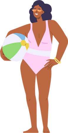 Belle femme adulte portant un maillot de bain d'été et des lunettes de soleil portant un ballon de plage  Illustration