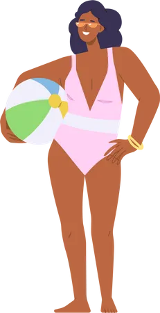 Belle femme adulte portant un maillot de bain d'été et des lunettes de soleil portant un ballon de plage  Illustration