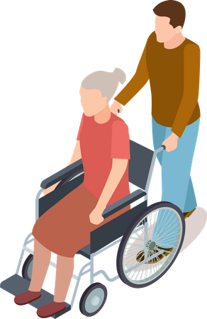 Homme bénévole aidant une dame âgée en fauteuil roulant  Illustration