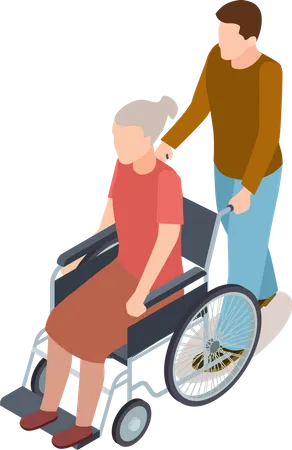 Homme bénévole aidant une dame âgée en fauteuil roulant  Illustration