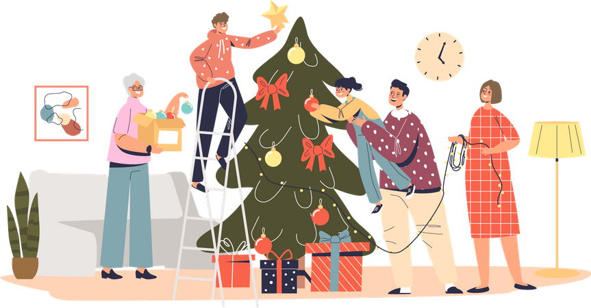 Big family decorating christmas tree together hanging decoration balls, garland and star on fir pine  イラスト