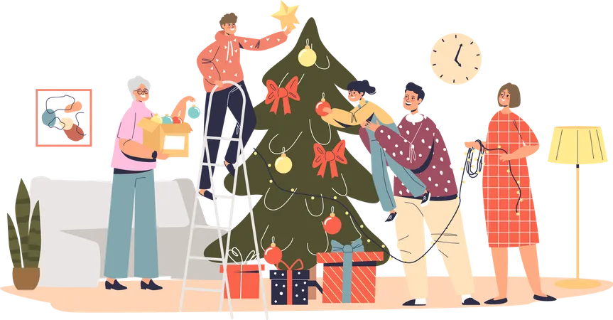 Big family decorating christmas tree together hanging decoration balls, garland and star on fir pine  イラスト