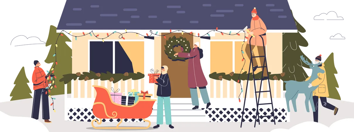 Big family decorating house for Christmas with garland, wreath, reindeer and santa sleigh outdoors  イラスト