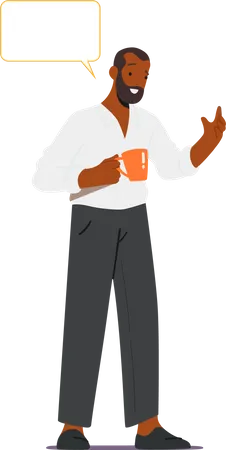 Black Man Stand with Cup and Speech Bubble  Illustration