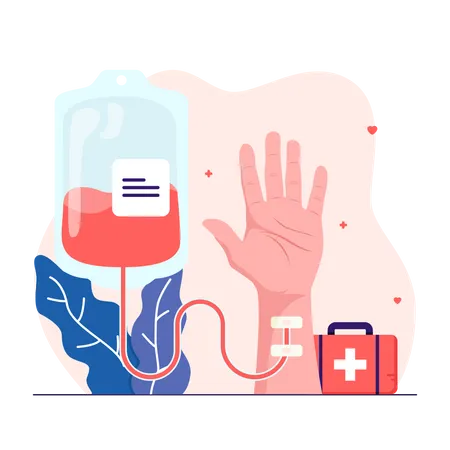 Blood transfusion from blood bag transferring to human arm  Illustration