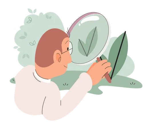 Botanist studies and analyzes plant examining leaf through magnifying glass  Illustration