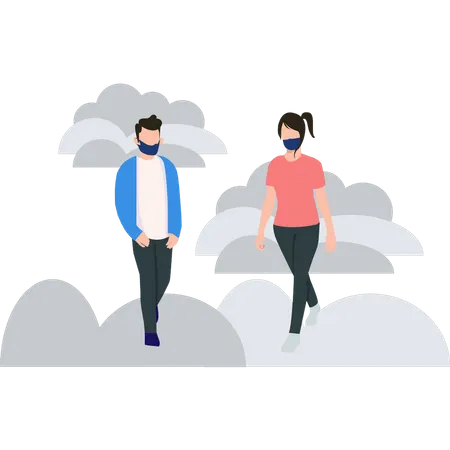 Boy and a girl are walking wearing masks  イラスト