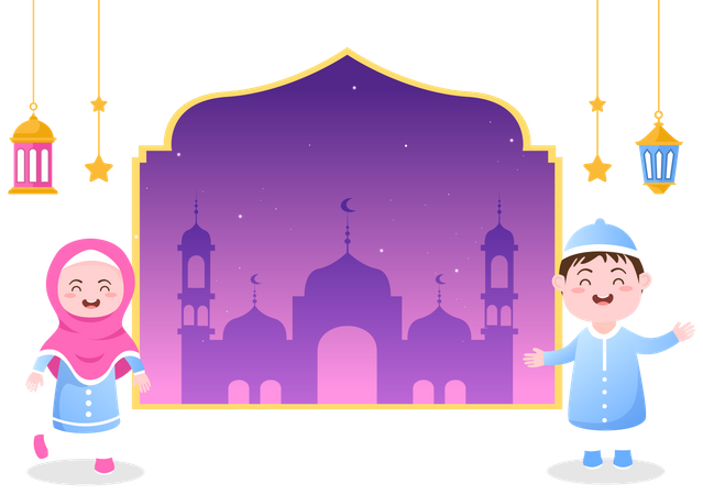 Boy and girl celebrating Ramadan  イラスト