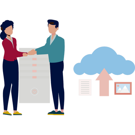 Boy and girl doing hand shake while data transfer in cloud  Illustration