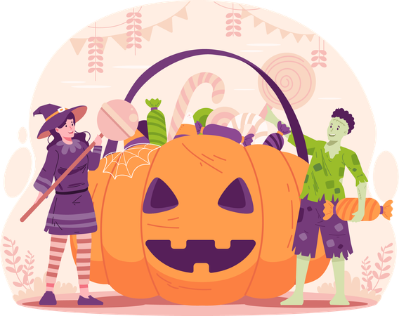 ハロウィンのコスチュームを着て、キャンディーやお菓子がいっぱい入った巨大なハロウィンカボチャのバスケットを持った男の子と女の子  イラスト