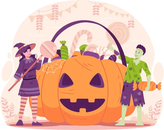 ハロウィンのコスチュームを着て、キャンディーやお菓子がいっぱい入った巨大なハロウィンカボチャのバスケットを持った男の子と女の子  イラスト