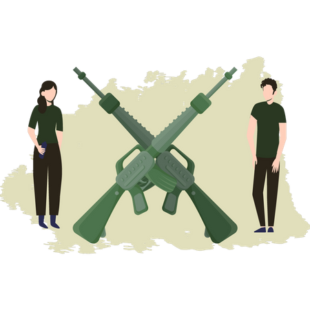 Boy And Girl Looking At Gun  Illustration