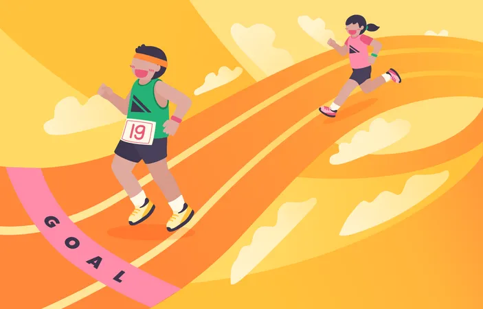 Boy and girl running marathon  Illustration