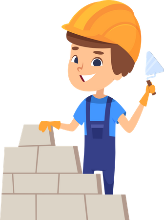 Boy building brick wall  Illustration