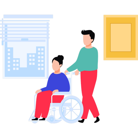 Boy carrying old woman in wheelchair  Illustration