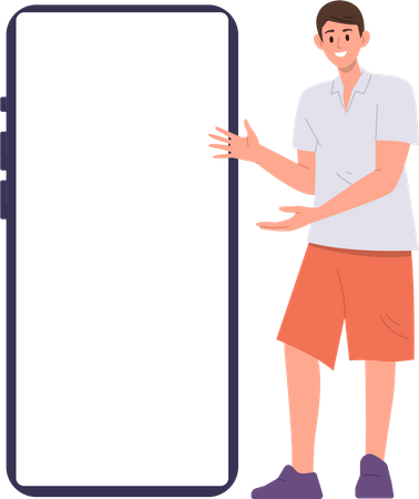 Boy character pointing to huge empty blank mobile phone screen mockup  イラスト