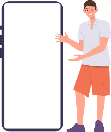 Boy character pointing to huge empty blank mobile phone screen mockup  イラスト