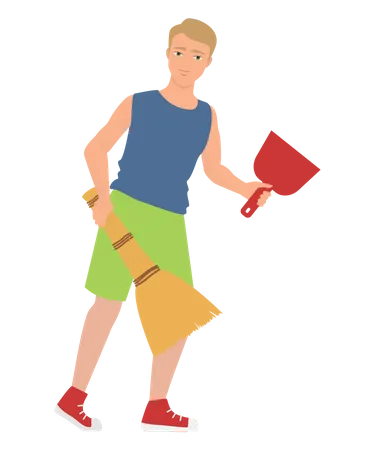 Boy collecting dust using broomstick  Illustration