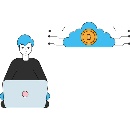 Boy doing cloud Bitcoin mining  Illustration