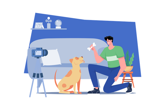 Boy doing live streaming of dog training  Illustration