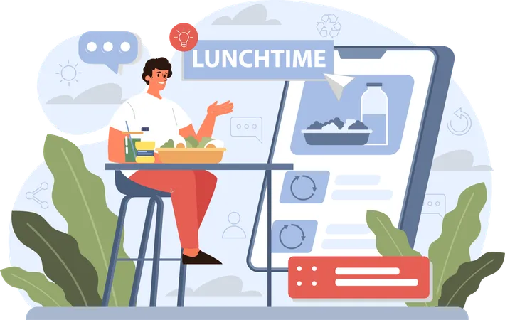 Boy eating healthy lunch in break time  Illustration